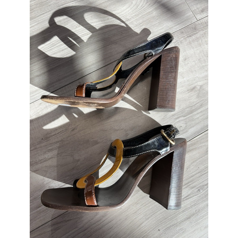Miu Miu Colorblock Strap Women's Patent Leather Sandal Sz 38 Stacked Wood Heel - Picture 3 of 9